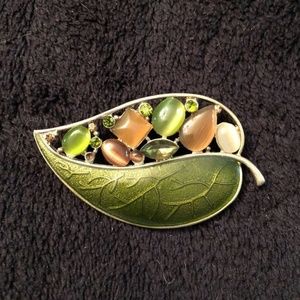 Vintage Green beaded and metal brooch